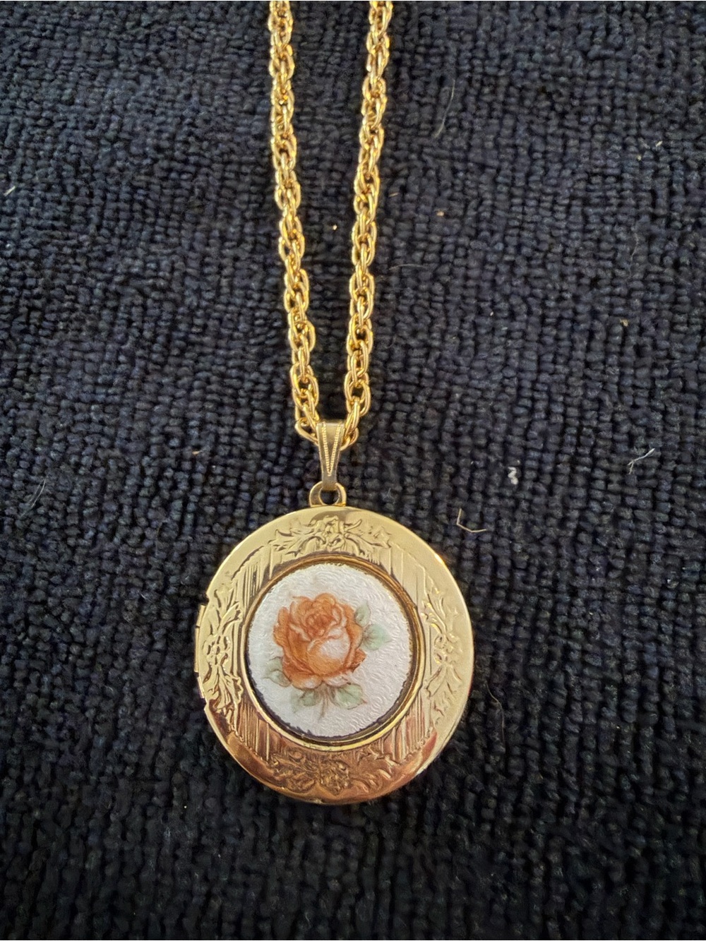 Vintage Gold-Tone Floral Locket Necklace - Peach Rose Pendant